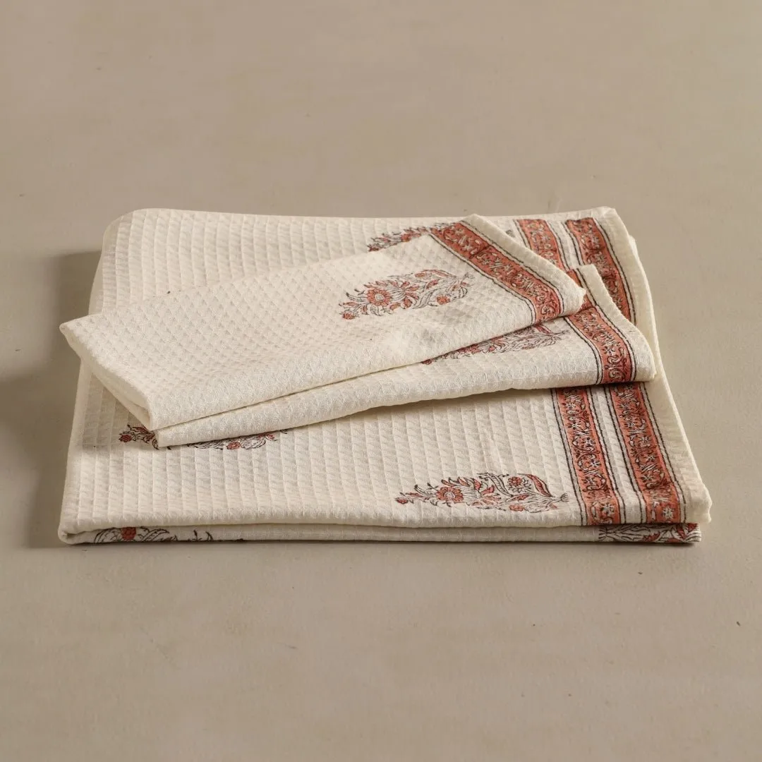 Pure Cotton Hand and Bath Towel Set | Hand Block Printed In Off-White And Peach | Handmade In India