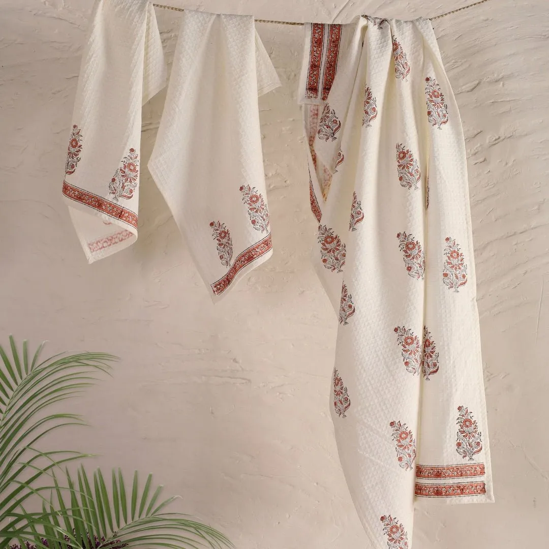 Pure Cotton Hand and Bath Towel Set | Hand Block Printed In Off-White And Peach | Handmade In India