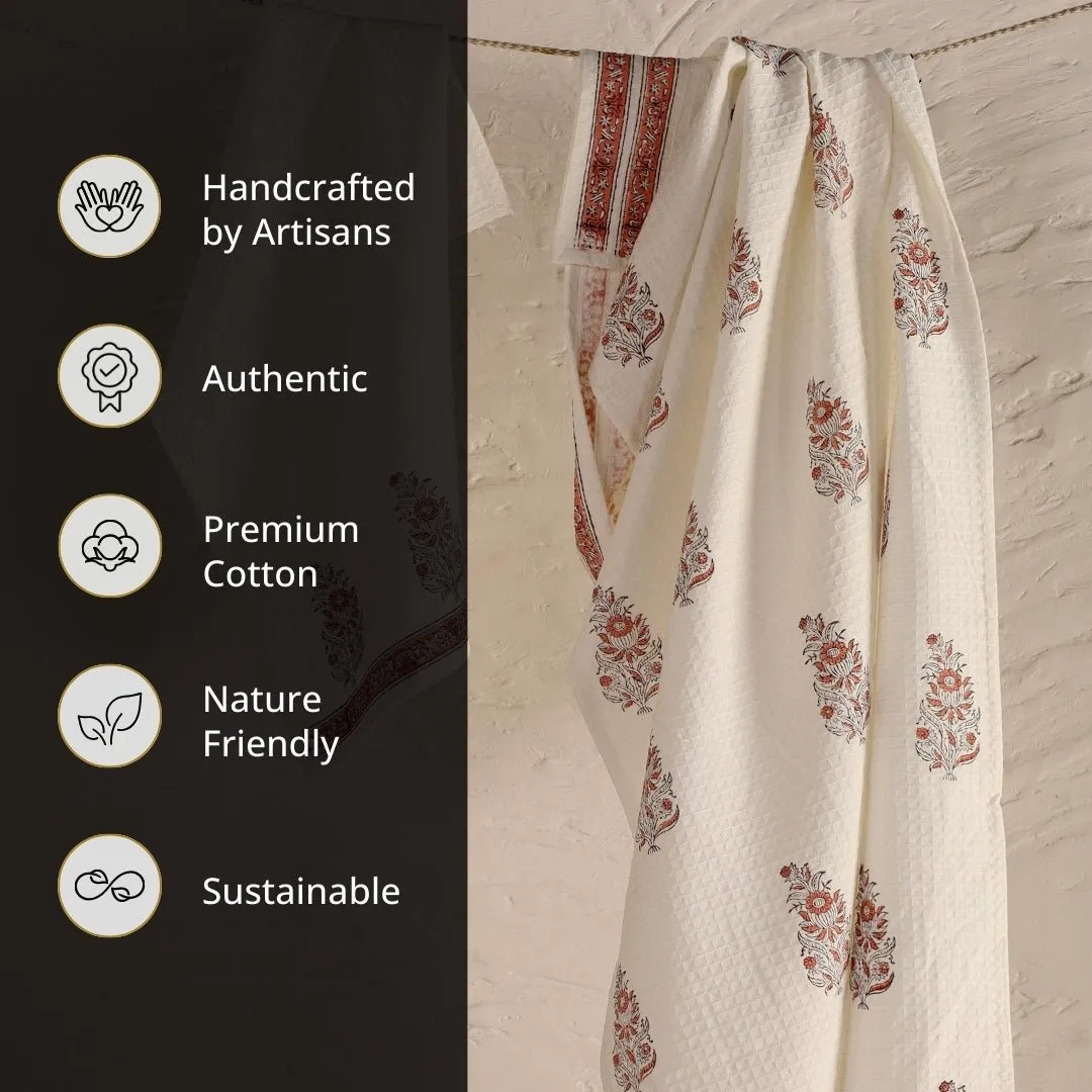 Pure Cotton Hand and Bath Towel Set | Hand Block Printed In Off-White And Peach | Handmade In India