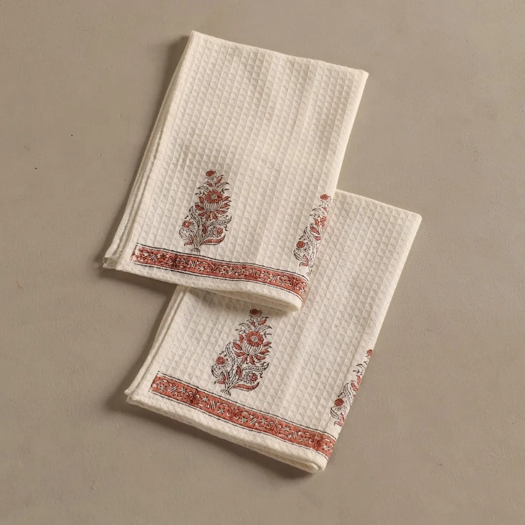 Pure Cotton Hand and Bath Towel Set | Hand Block Printed In Off-White And Peach | Handmade In India