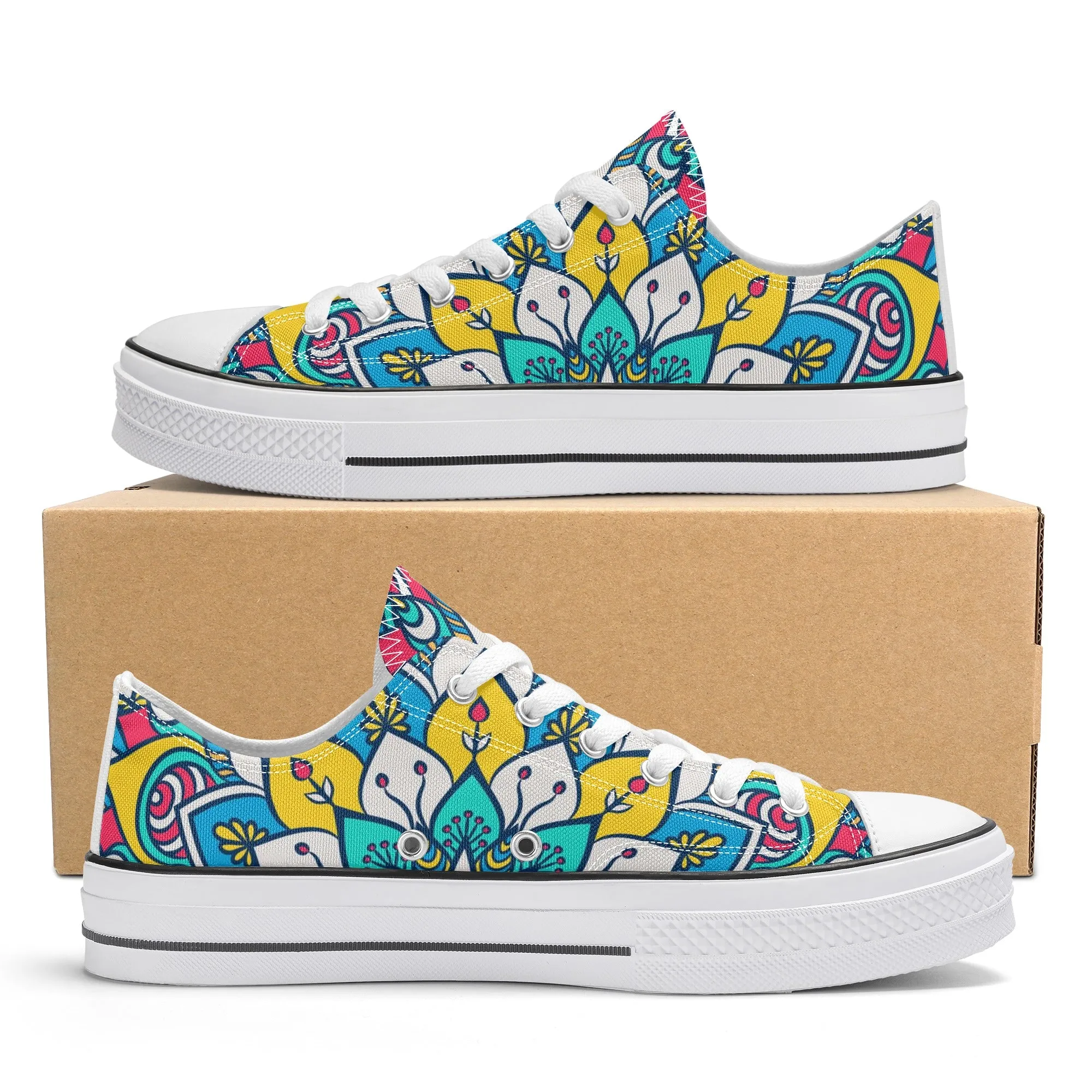 Red, Blue and Yellow Mandala Pattern - Mens Classic Low Top Canvas Shoes for Footwear Lovers