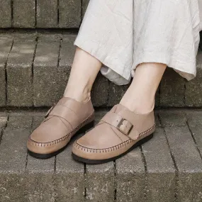 Retro Genuine Leather Soft Flats For Women Round Toe Buckle Design Apricot/Coffee