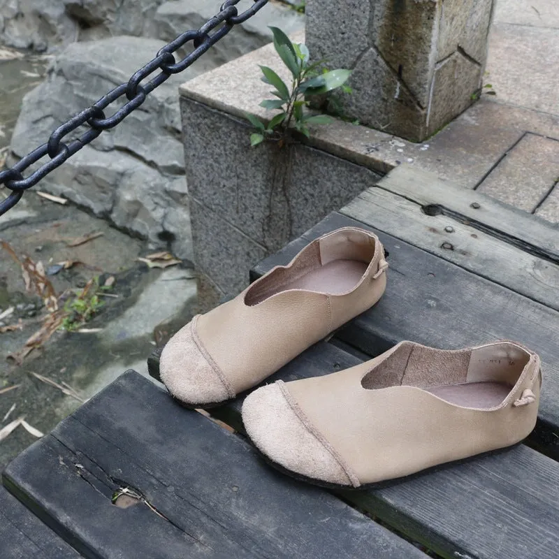 Retro Handmade Soft Leather Flats For Women Round Toe in Apricot/Coffee