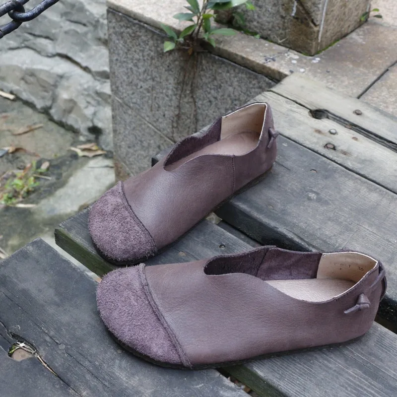 Retro Handmade Soft Leather Flats For Women Round Toe in Apricot/Coffee