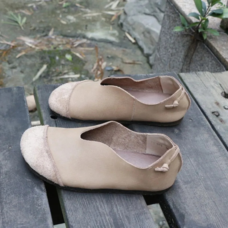 Retro Handmade Soft Leather Flats For Women Round Toe in Apricot/Coffee