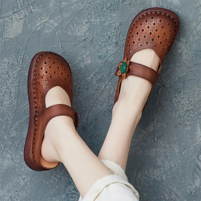 Retro Style Leather Mule Slippers Women Handmade Flats Casual Slip On Shoes in Apricot/Brown