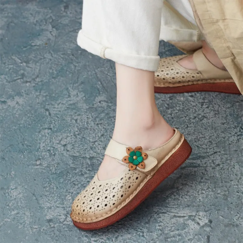 Retro Style Leather Mule Slippers Women Handmade Flats Casual Slip On Shoes in Apricot/Brown