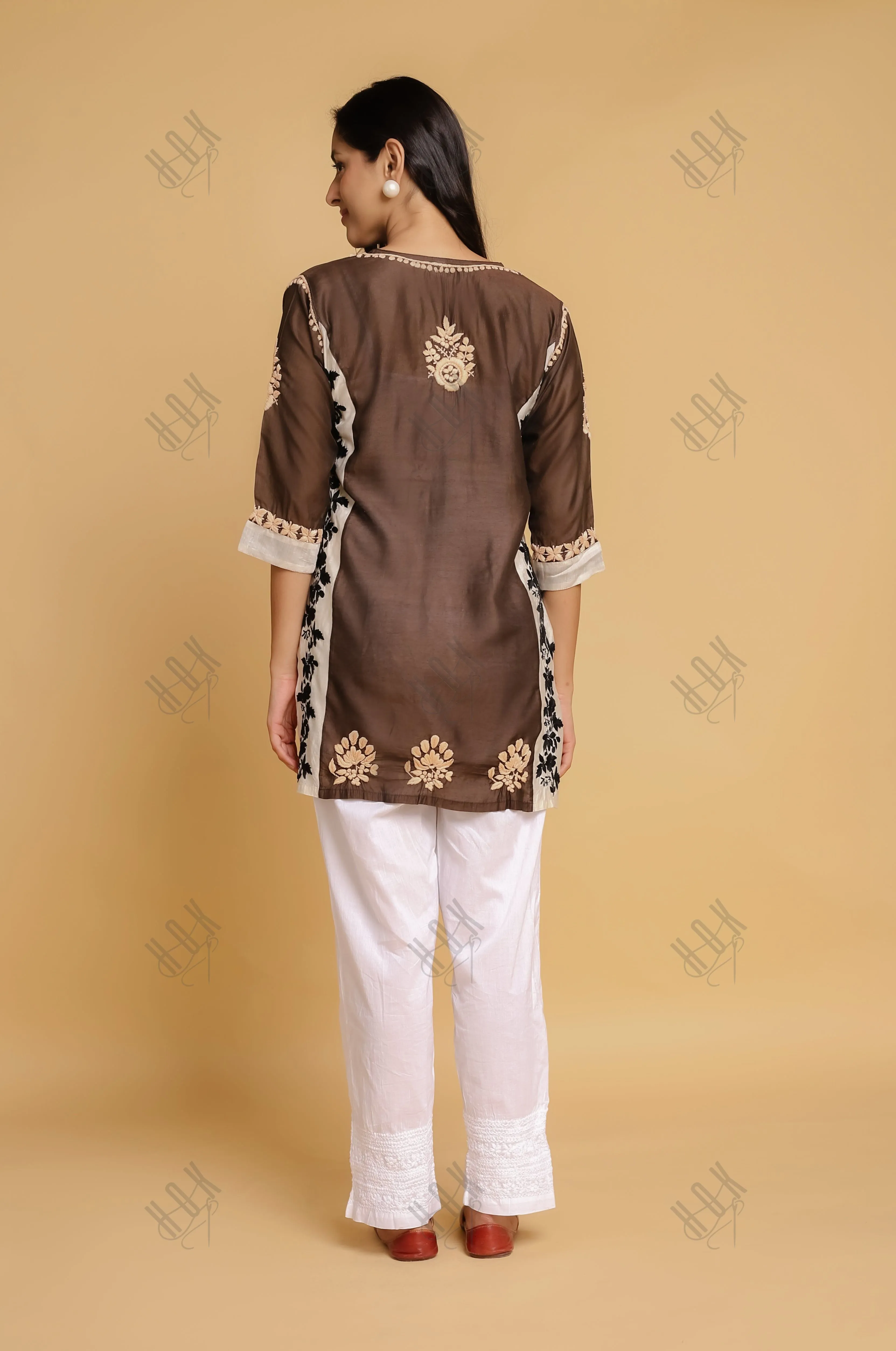 Saba Chikankari Short kurta in Chanderi Silk - Brown white