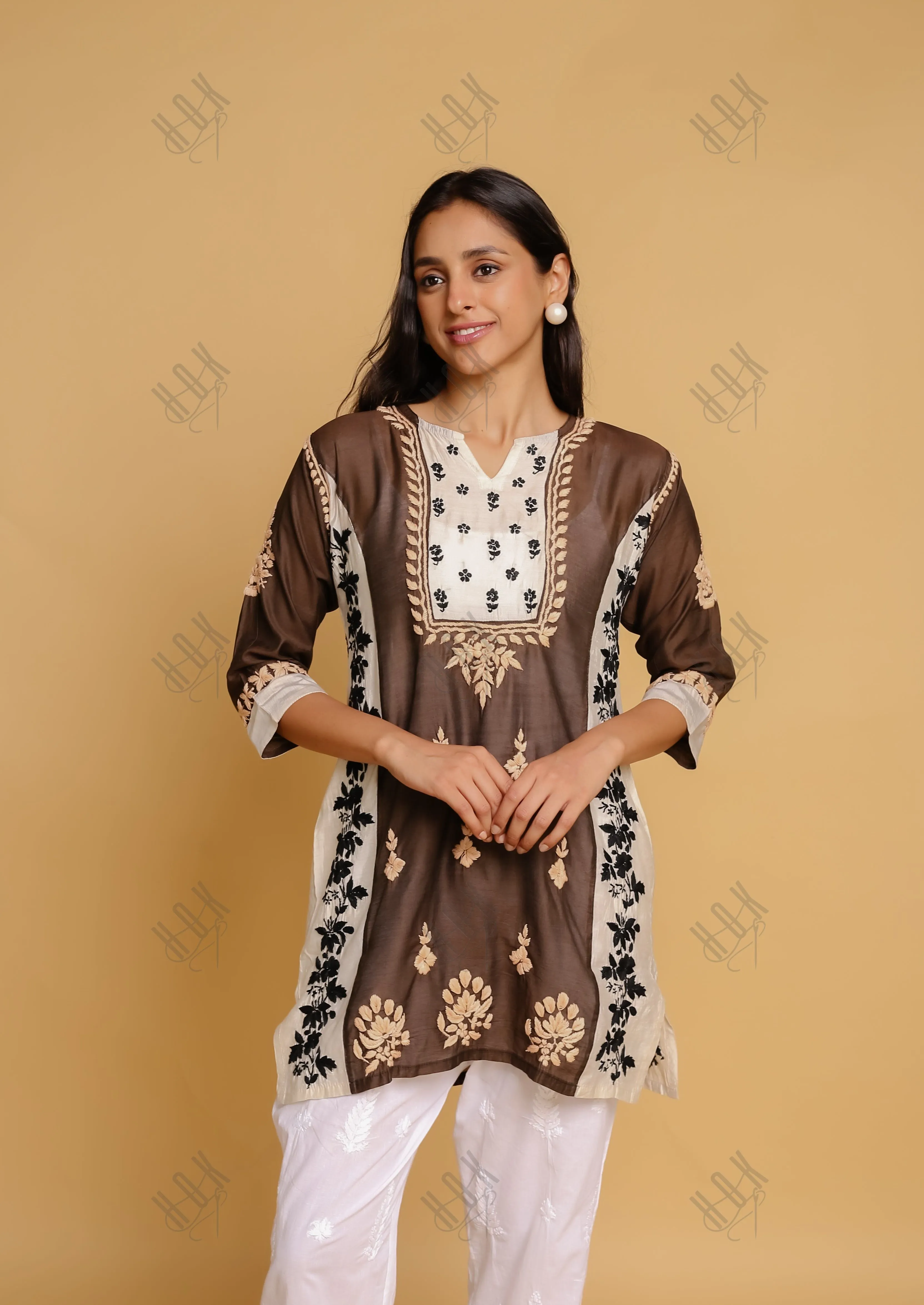 Saba Chikankari Short kurta in Chanderi Silk - Brown white