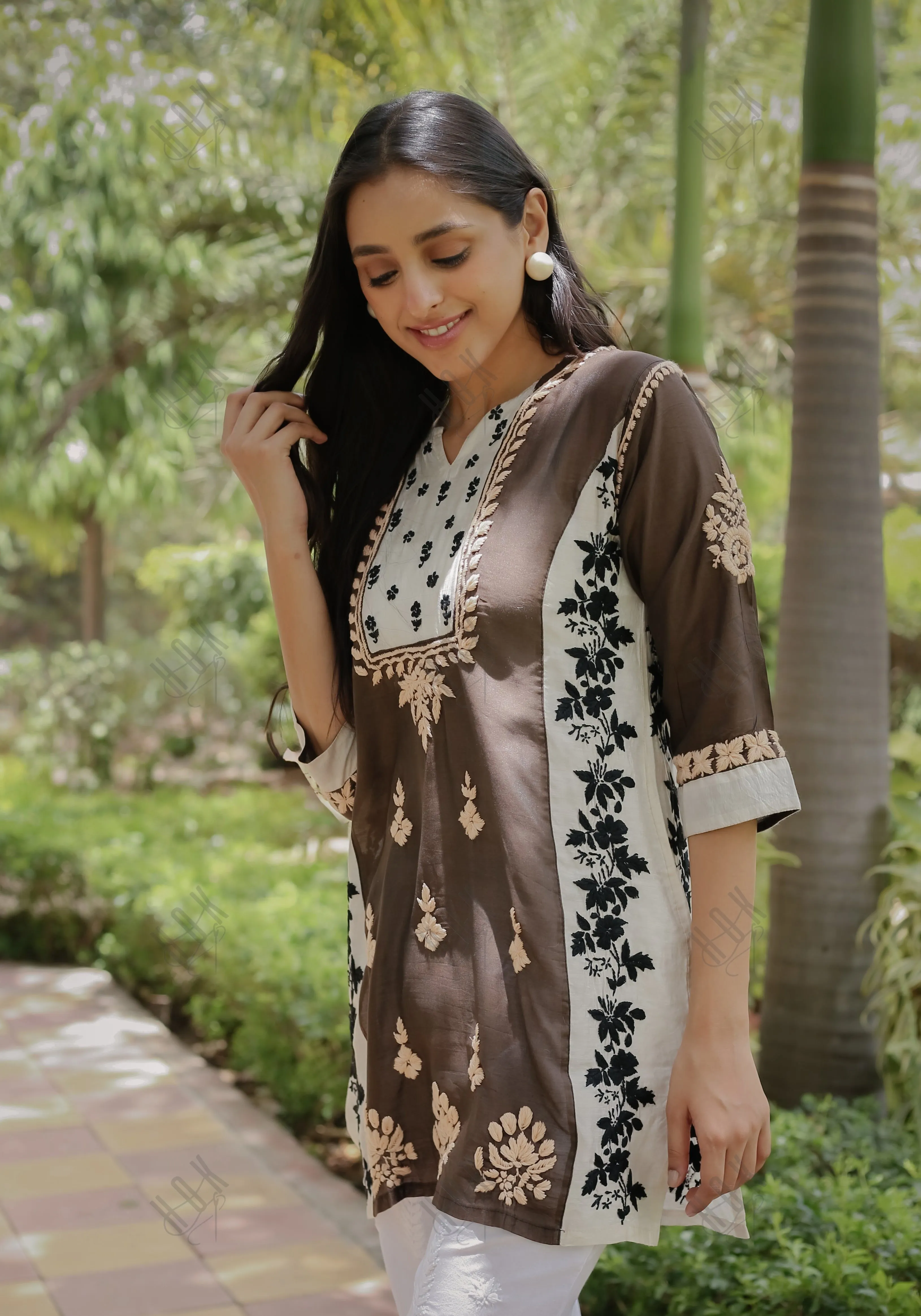 Saba Chikankari Short kurta in Chanderi Silk - Brown white