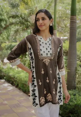 Saba Chikankari Short kurta in Chanderi Silk - Brown white