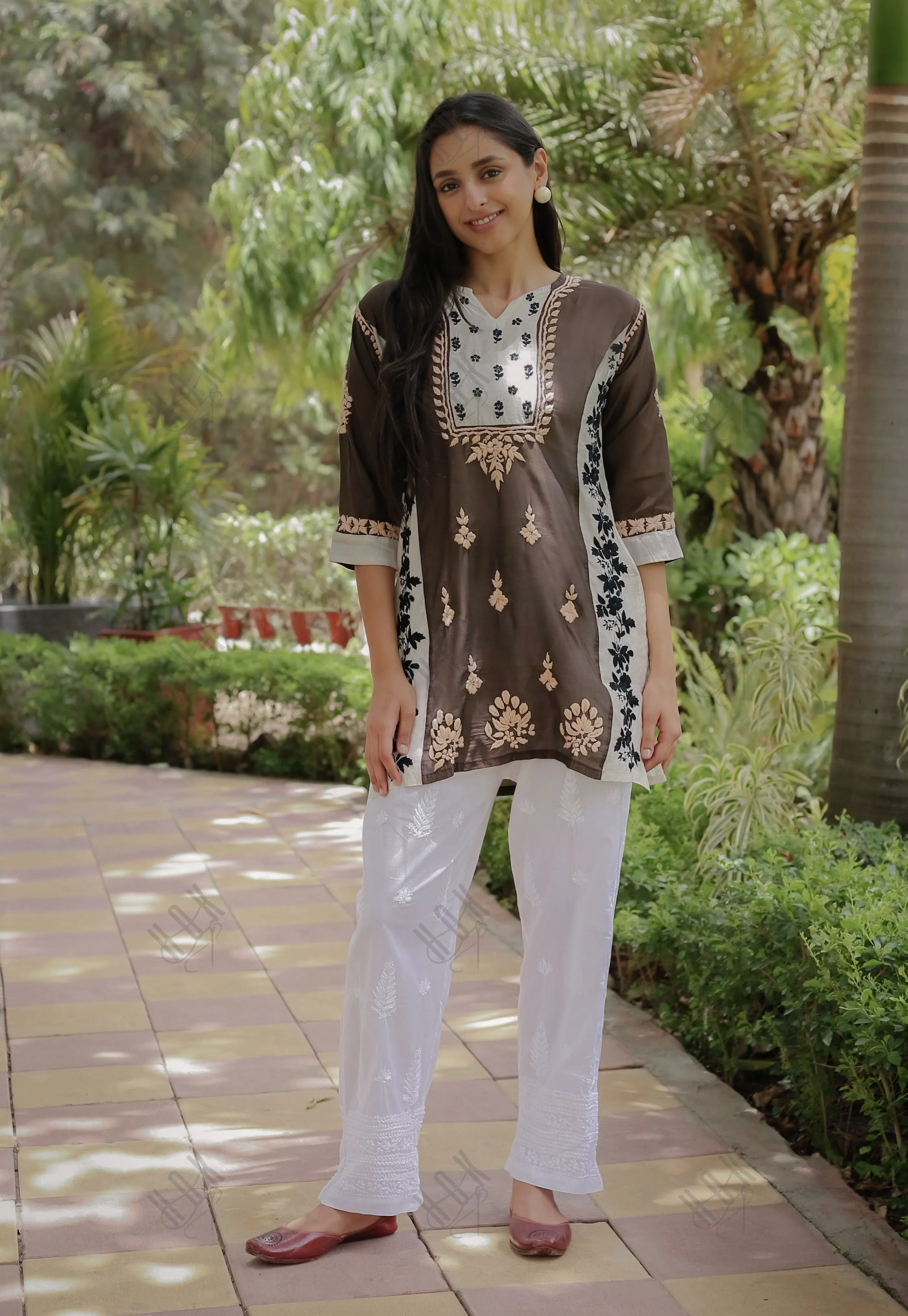 Saba Chikankari Short kurta in Chanderi Silk - Brown white