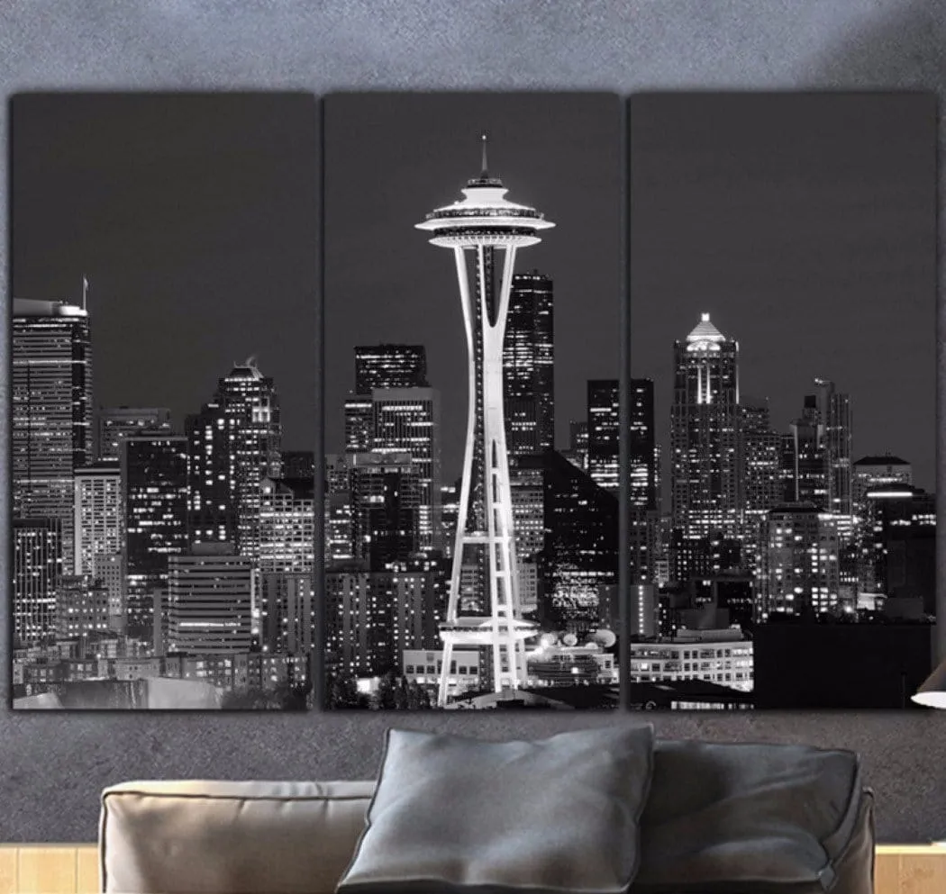 Seattle Skyline Black & White Canvas Art