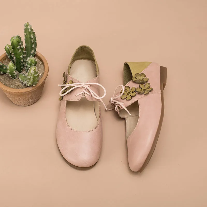 Soft Leather Mary Jane Flats Handmade Flowers Details Pink/Apricot