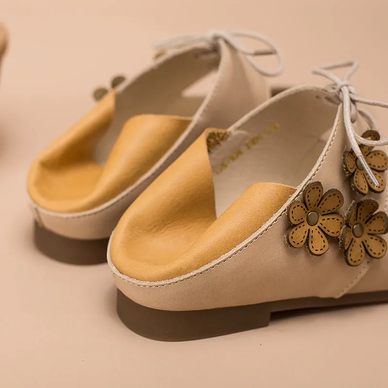 Soft Leather Mary Jane Flats Handmade Flowers Details Pink/Apricot