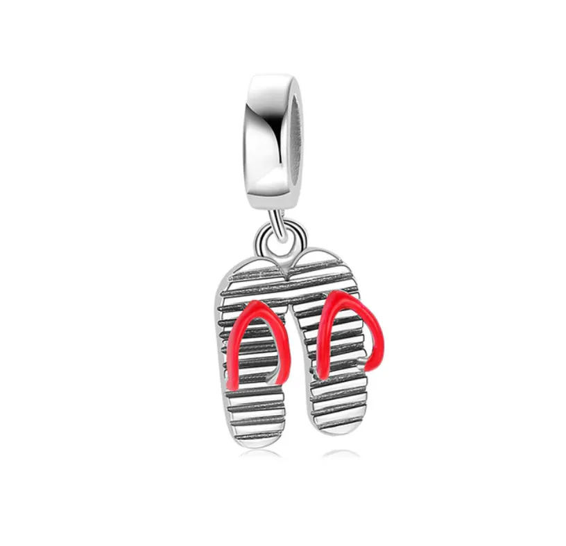 Summertime Red Flip-Flops Dangle Charm 925 Sterling Silver