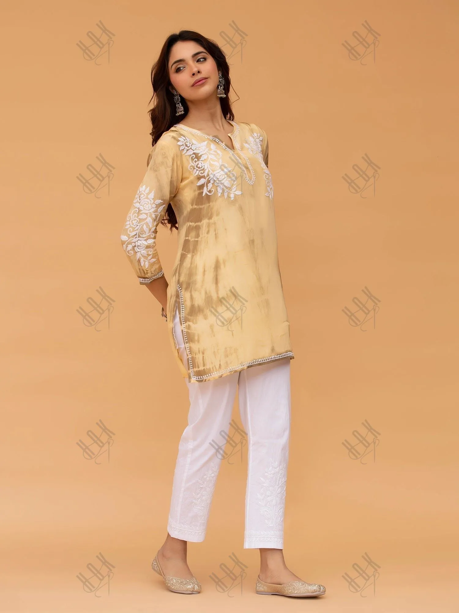 Tanvi in Saba Chikankari Short kurta in Crepe Silk - Beige