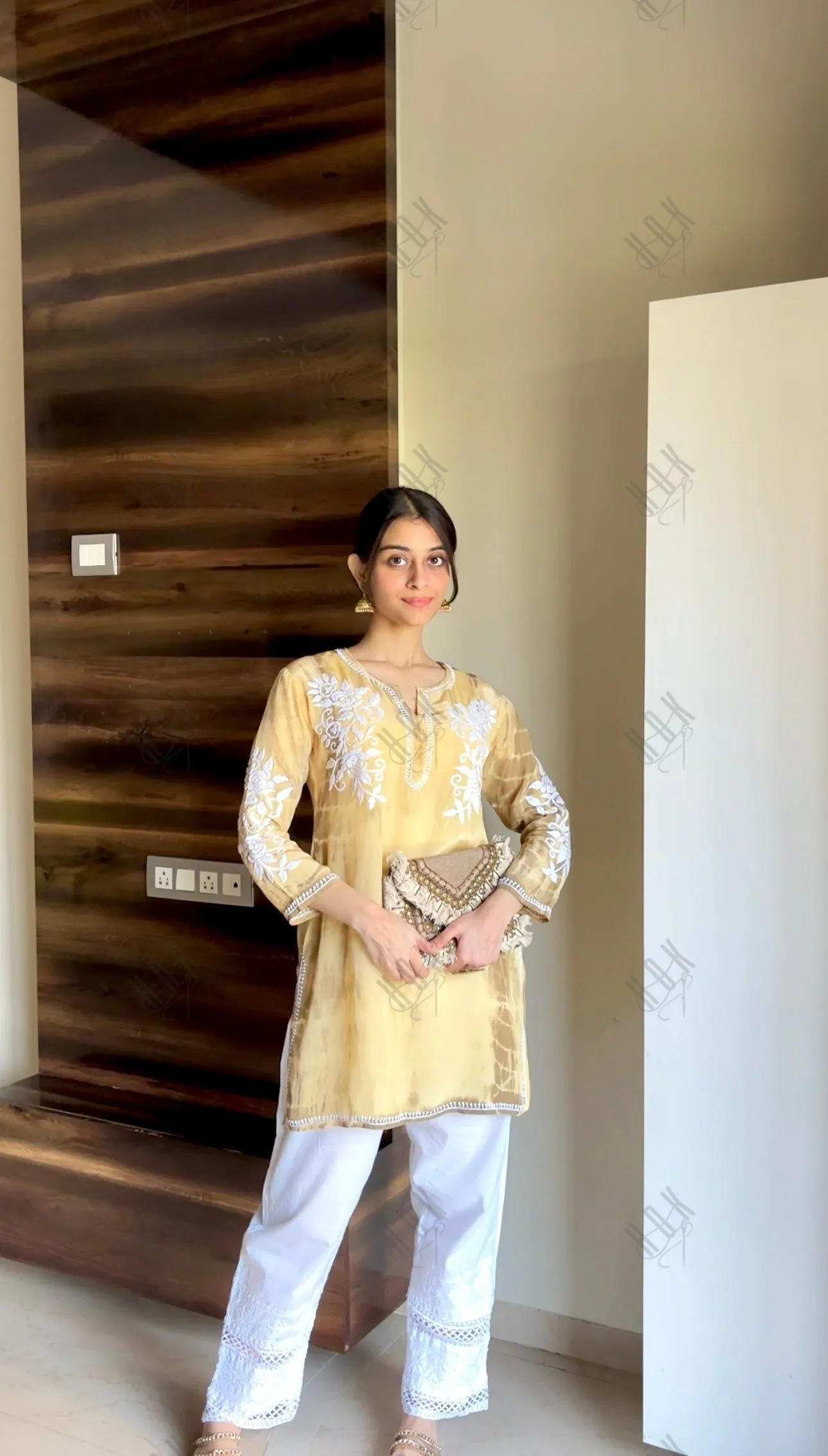 Tanvi in Saba Chikankari Short kurta in Crepe Silk - Beige