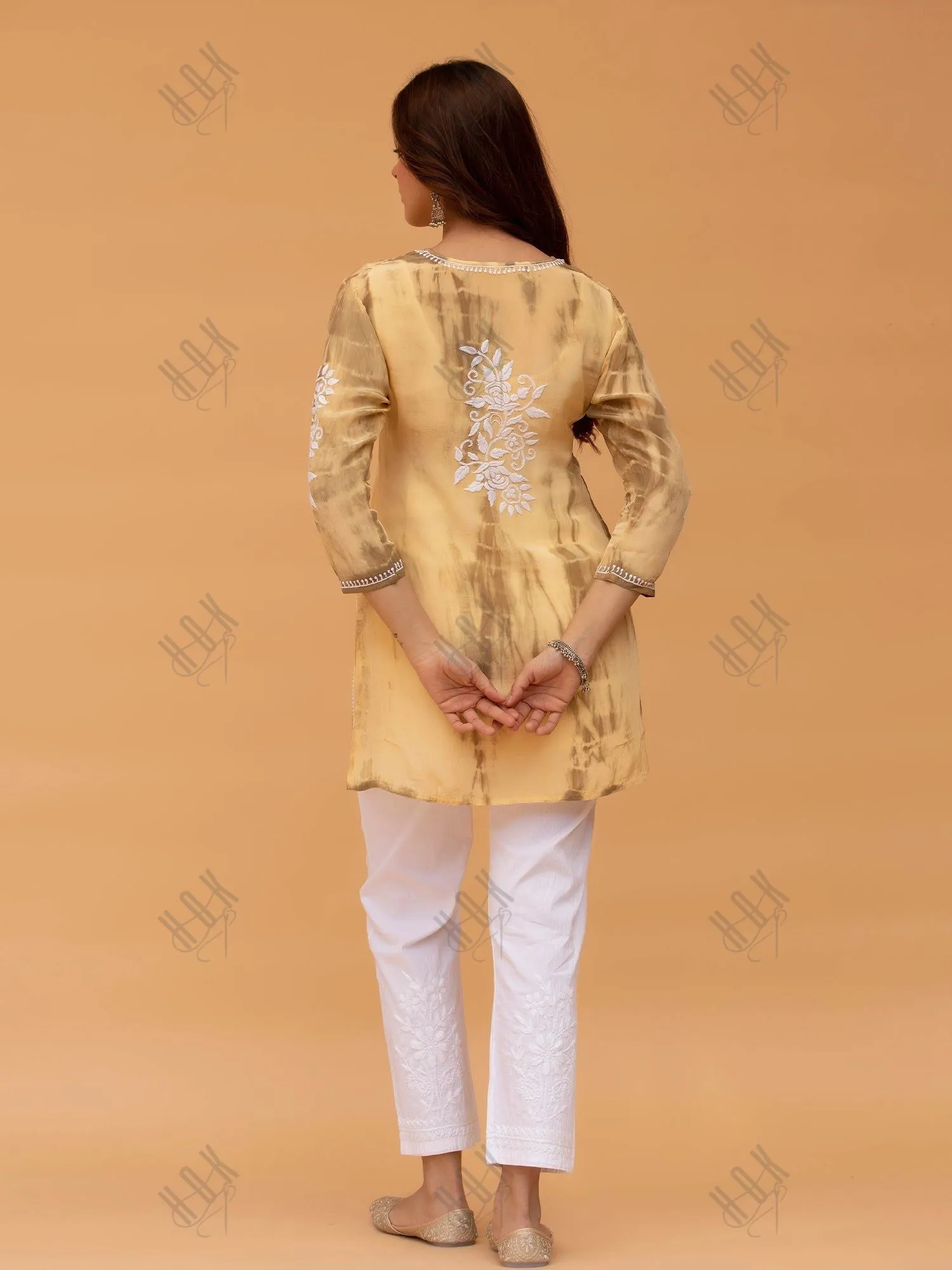 Tanvi in Saba Chikankari Short kurta in Crepe Silk - Beige