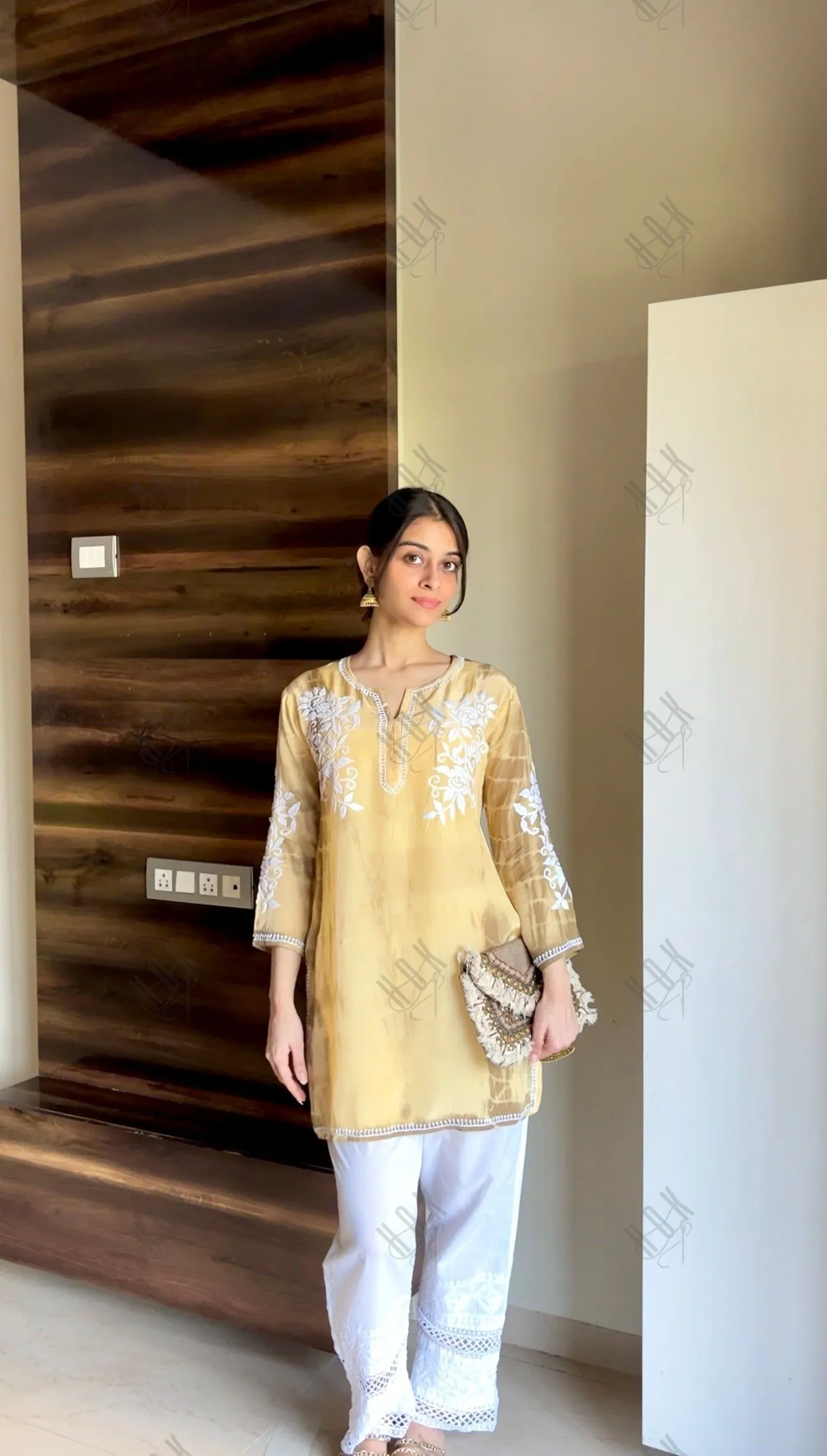 Tanvi in Saba Chikankari Short kurta in Crepe Silk - Beige