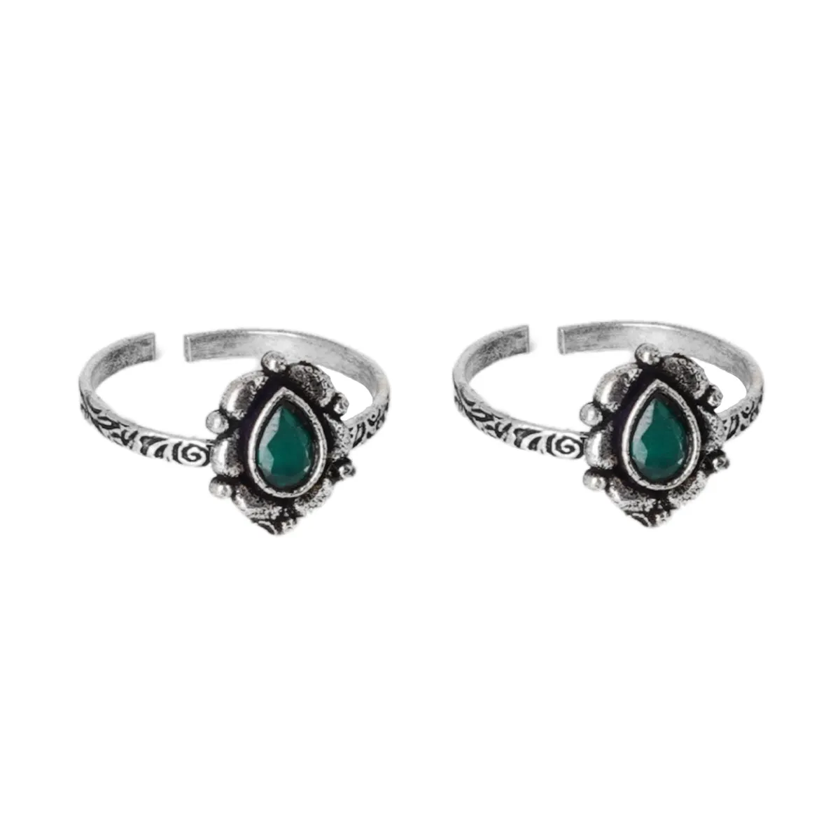 Teejh Aria Green Stone Silver Oxidised Toe Rings