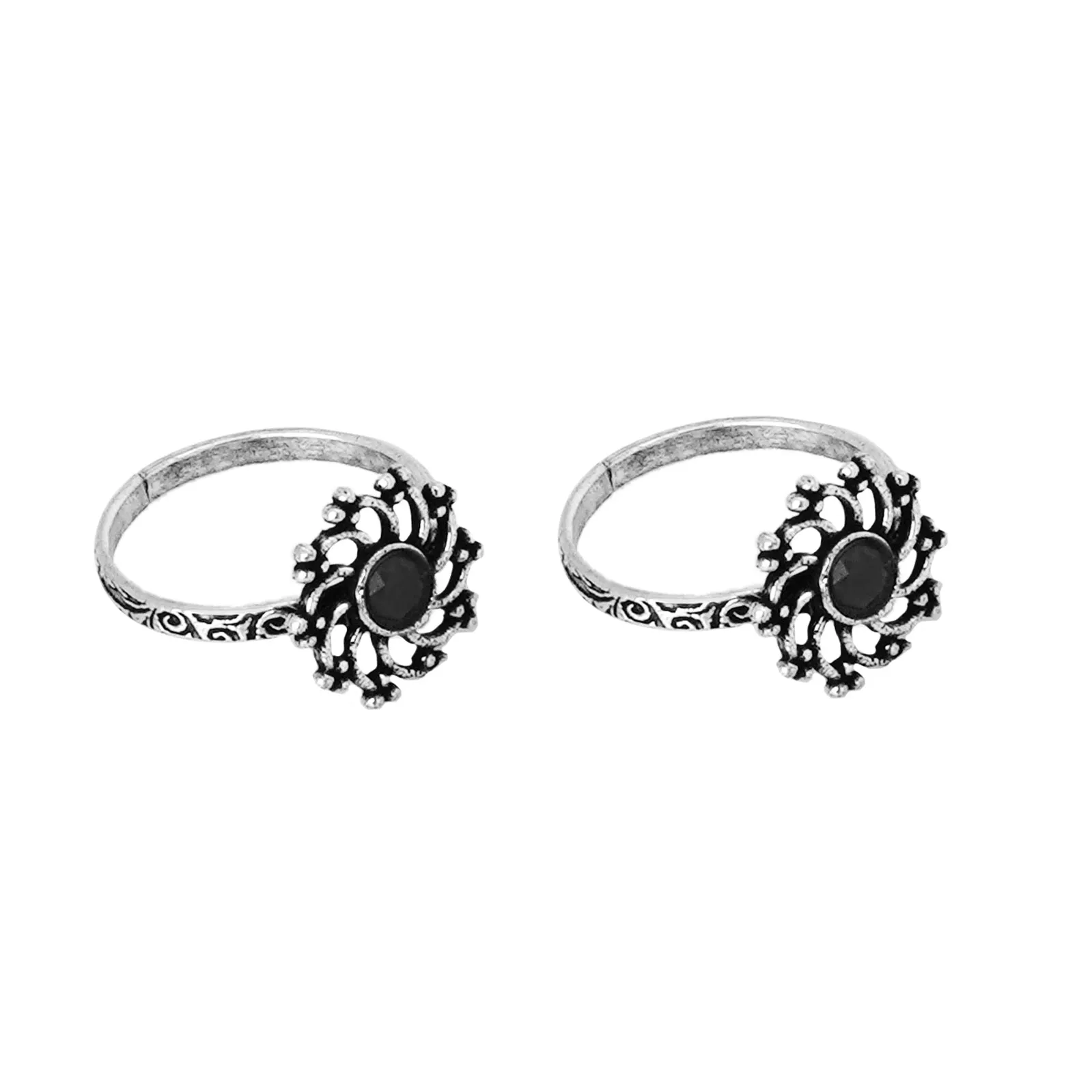 Teejh Dhrishya Black Stone Silver Oxidised Toe Rings