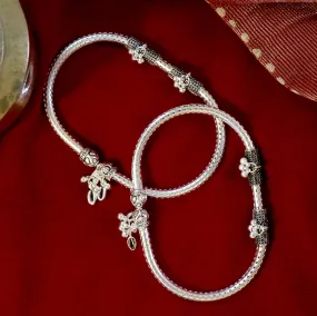 Teejh Double Cylindrical Silver Oxidized Charm Anklets