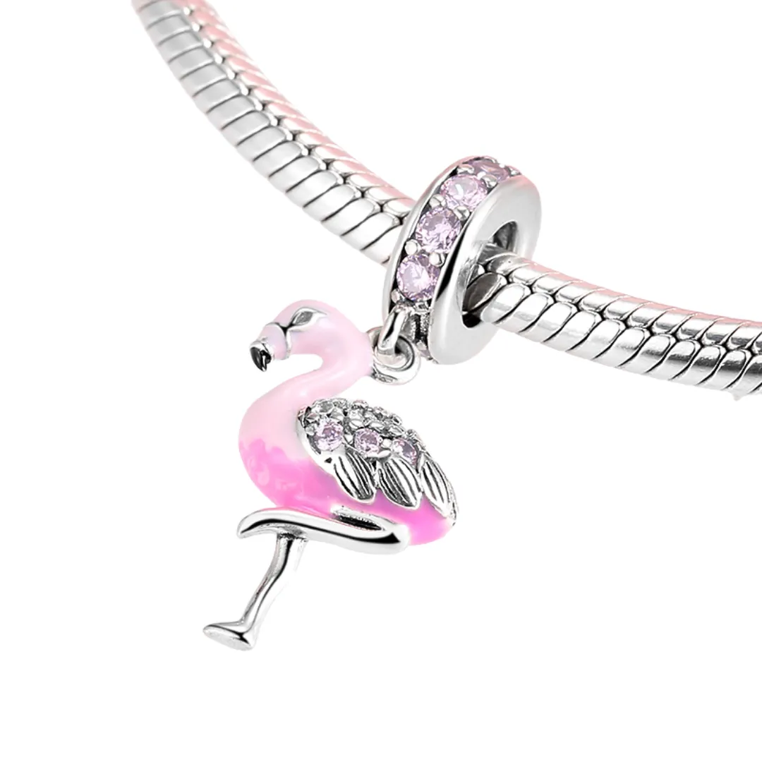 Tropical Paradise Pink Flamingo Dangle Charm 925 Sterling Silver